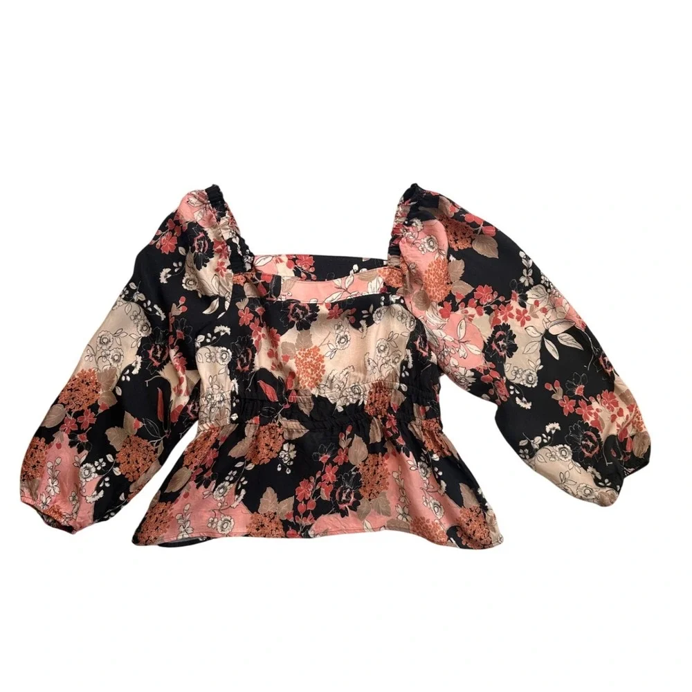 Spartina 449 Floral Cupro Peplum Blouse Wmns Large Black Pink Excellent Long Slv
